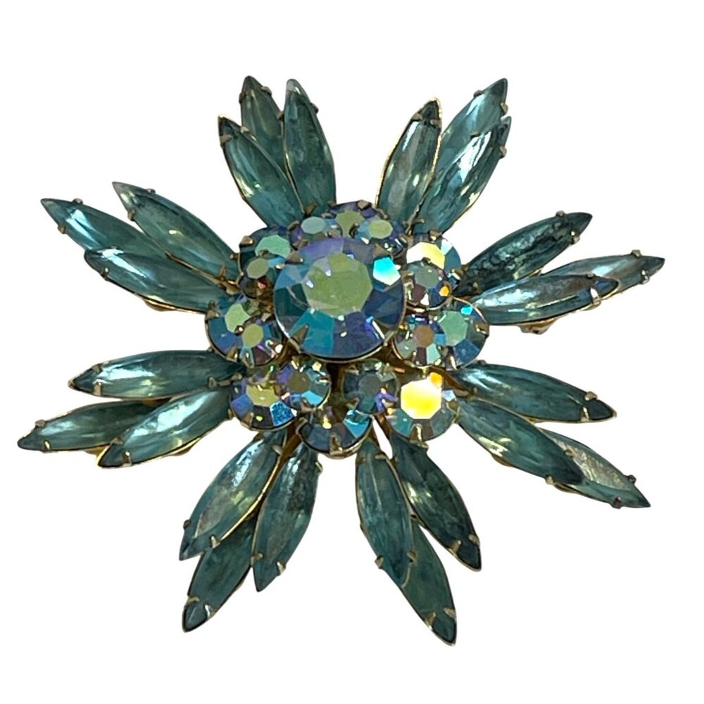 Judy Lee Aqua Blue AB Rhinestone Brooch Pin Clip On Earrings Set Starburst VTG - Picture 2 of 16